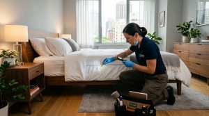 A realistic urban apartment inspection scene with a professional pest management specialist checking a modern bedroom for bed bugs